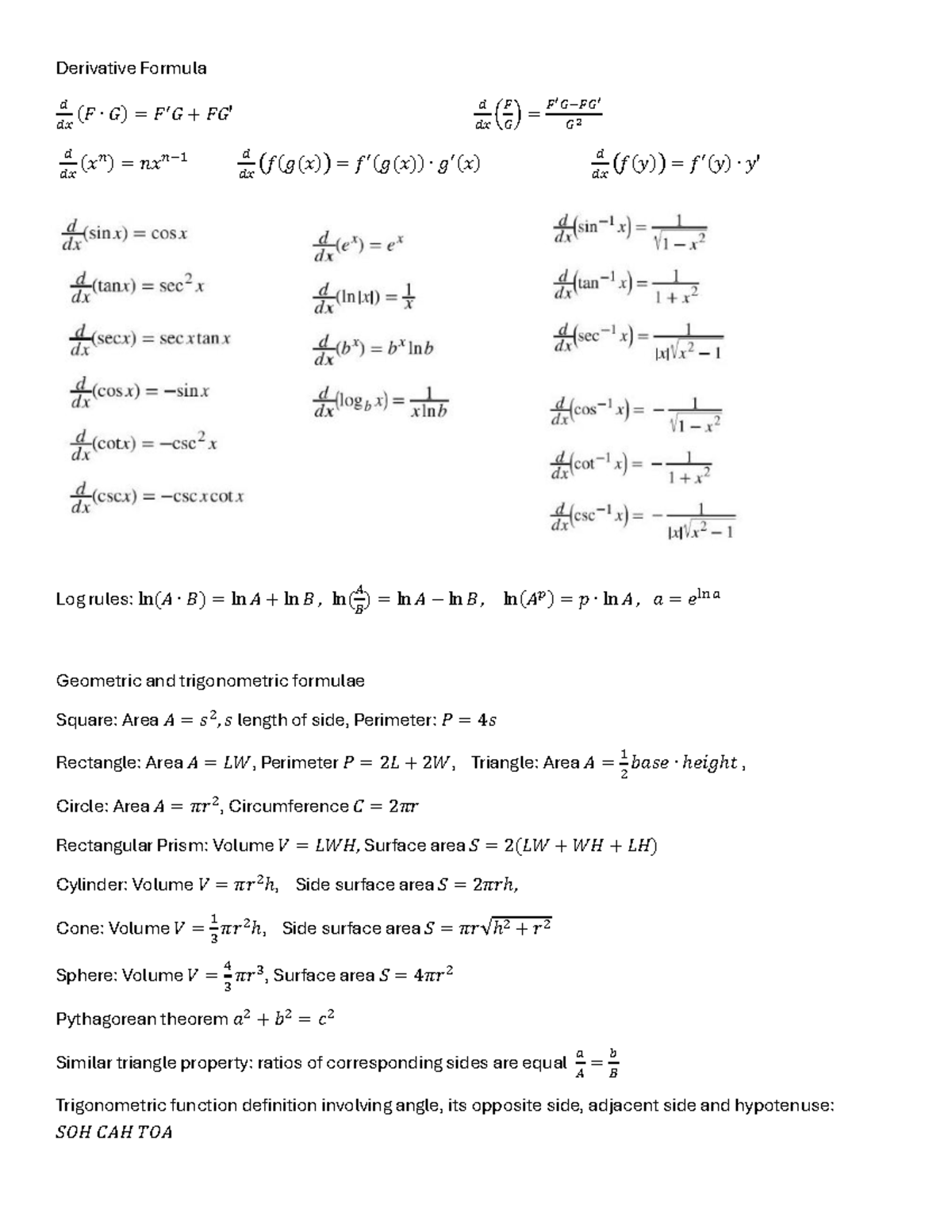 E2 Derivative & Geometric Formulae - Equation Sheet - Studocu