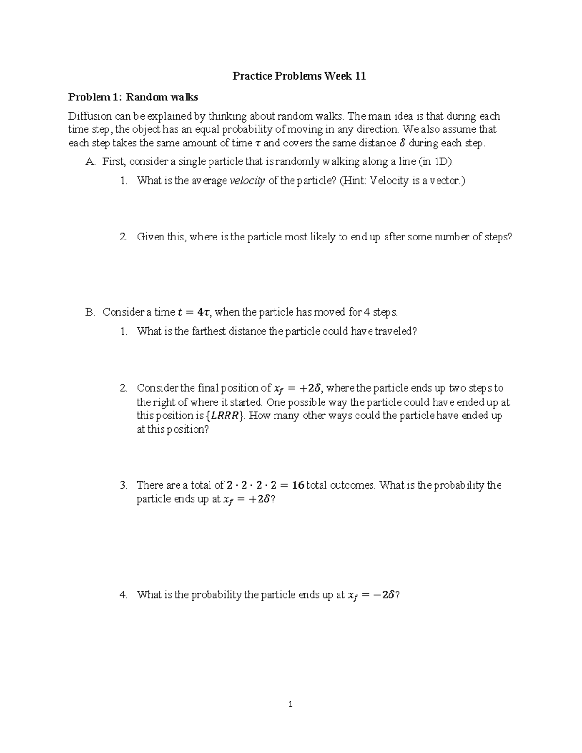 Week 11 Practice Problems: Random Walks and Diffusion Concepts - Studocu
