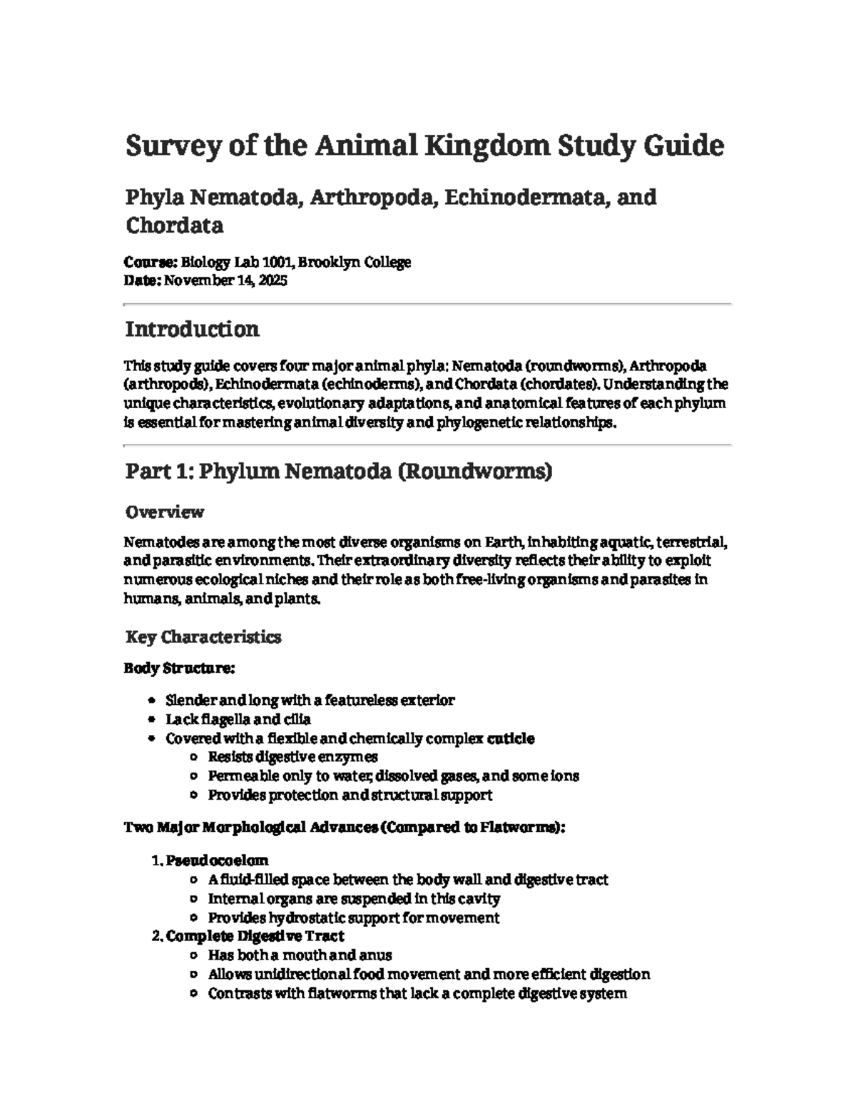 Biology Lab 1001: Animal Kingdom Study Guide on Nematoda, Arthropoda ...