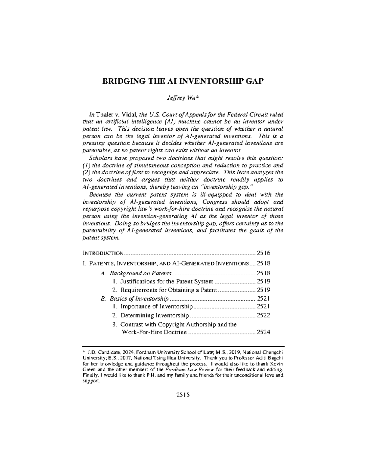 Bridging the AI Inventorship Gap: Analyzing Thaler v. Vidal - Studocu