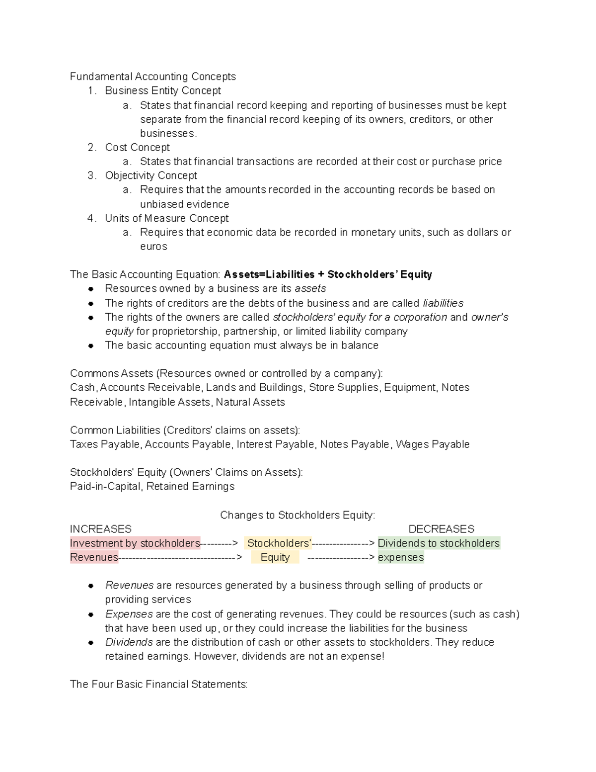 Accounting 1 - Lecture notes 1-6 - Fundamental Accounting Concepts 1 ...