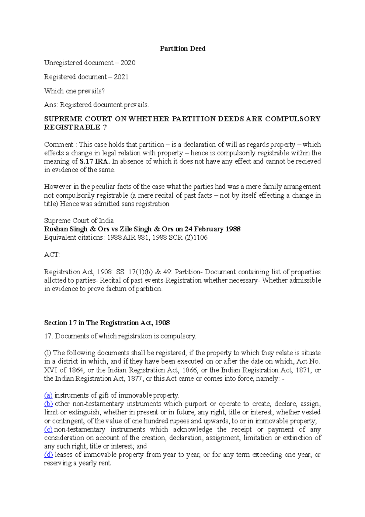 Partition Deed - short note - Partition Deed Unregistered document ...