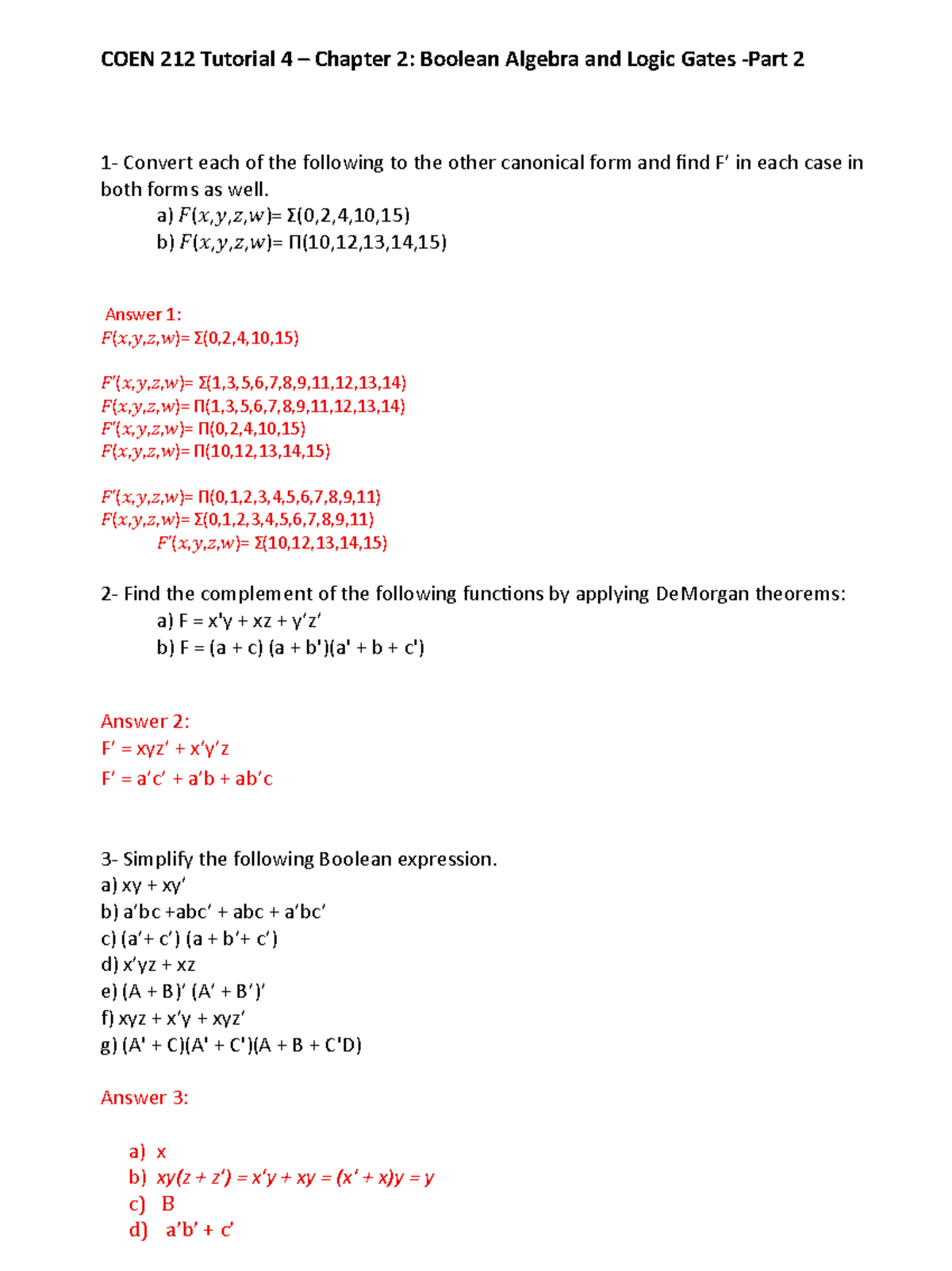 COEN 212 Tutorial 4 Solutions: Boolean Algebra & Logic Gates - Studocu