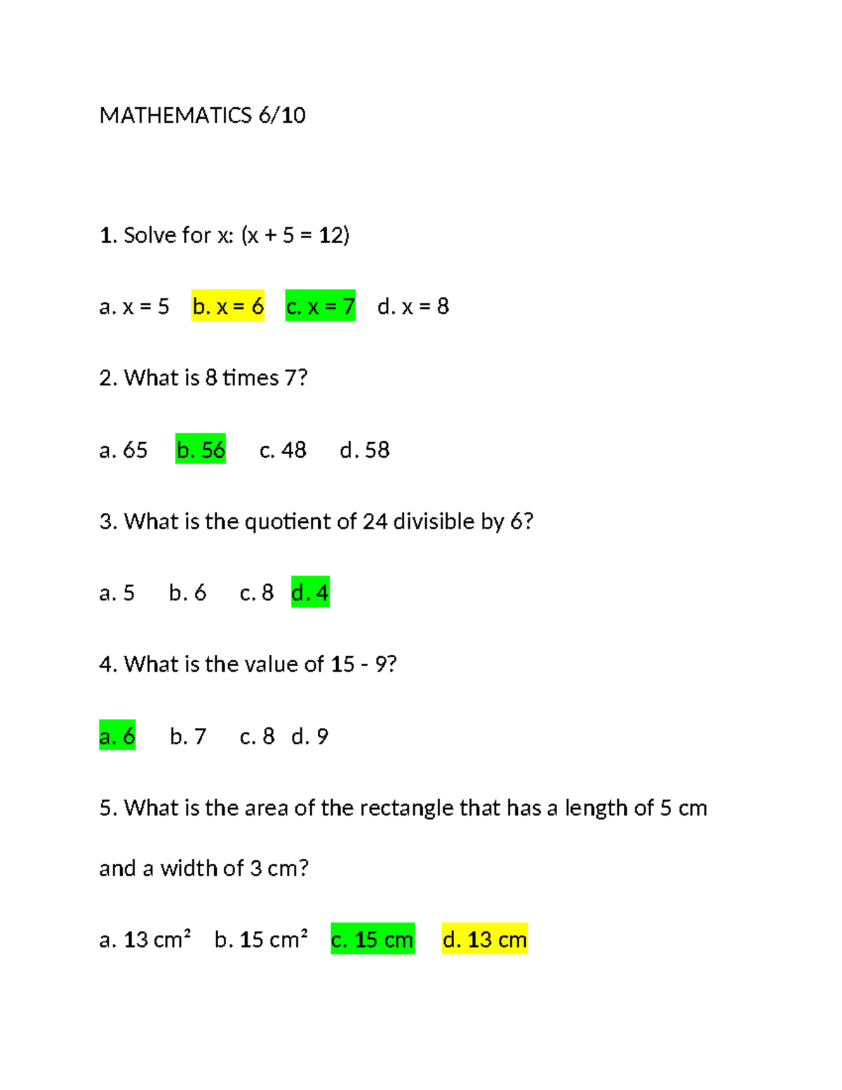 MATHEMATICS 1 - Quiz Questions and Solutions - Studocu