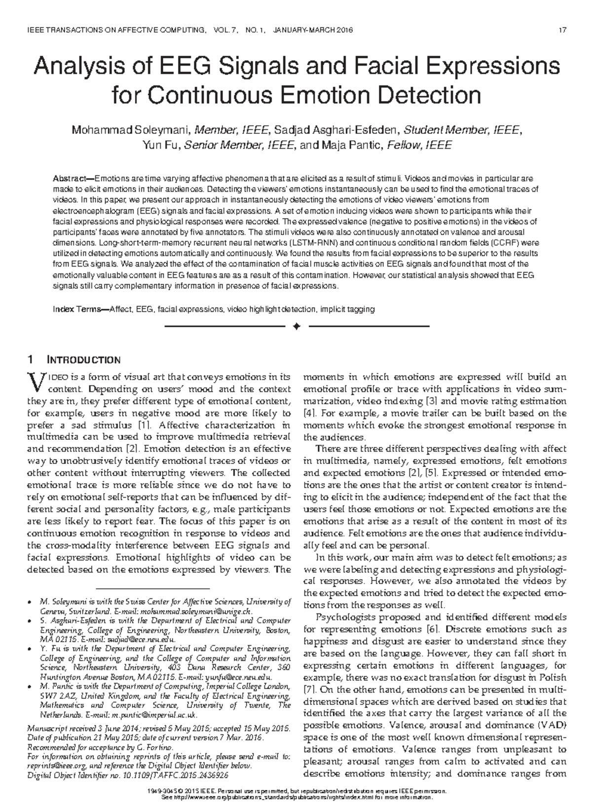 Analysis of EEG Signals and Facial Expressions for Continuous Emotion ...