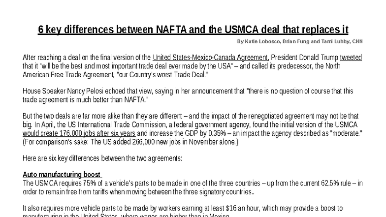 6 Key Differences Between NAFTA and USMCA: A Comparative Analysis - Studocu