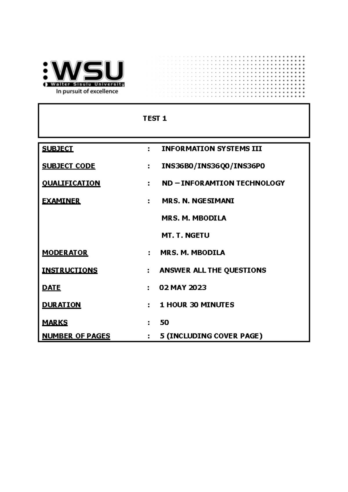 IS3 Test 1 2023 - Information Systems III Previous Exam Papers - Studocu
