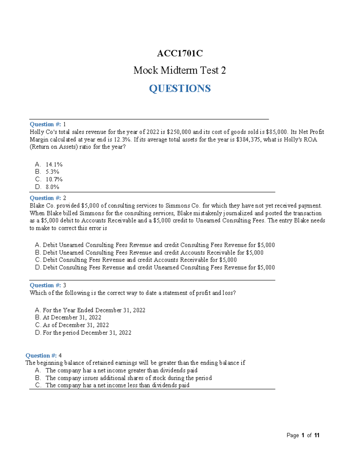 ACC1701C Mock Midterm Test 2 Questions and Answers - Studocu