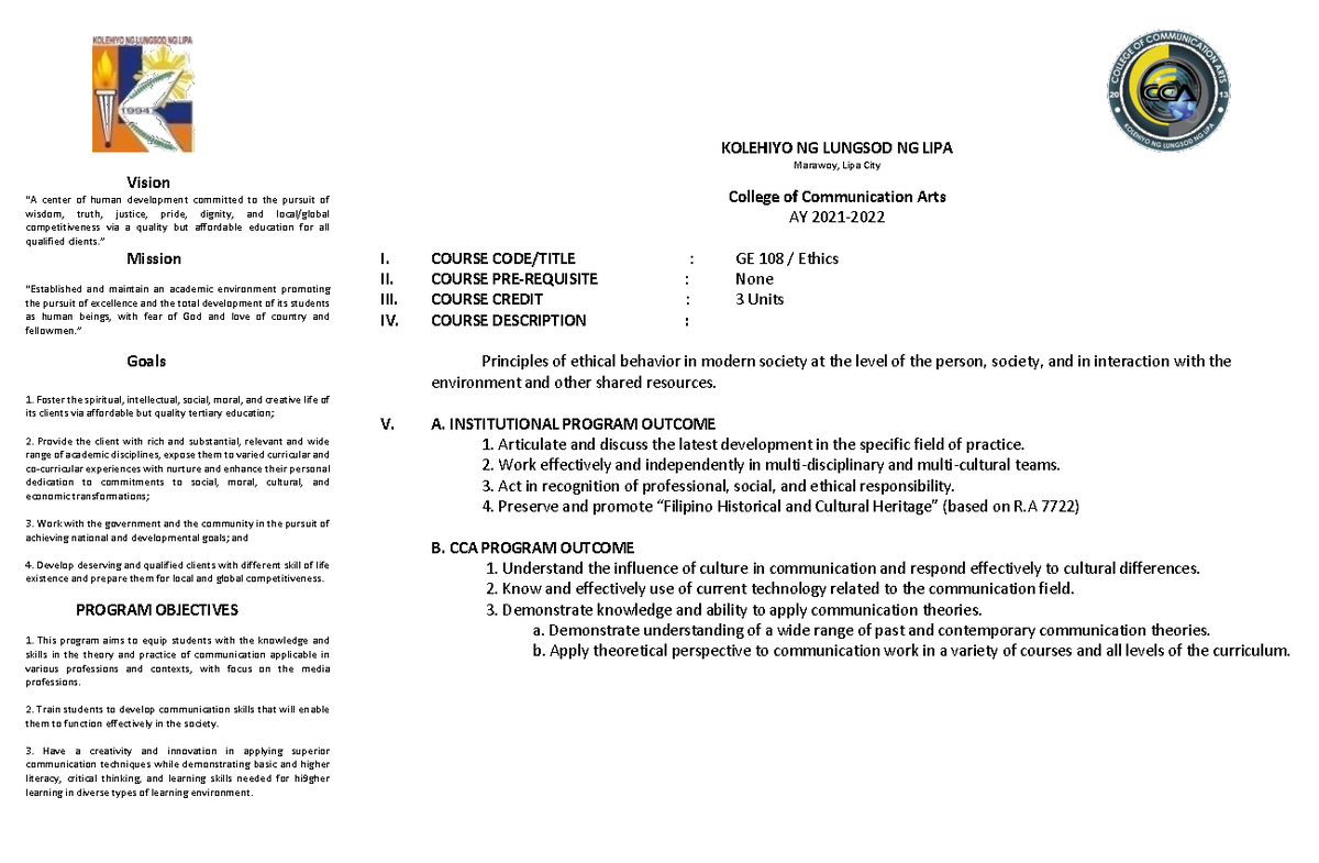 GE 108 Updated Syllabus - Vision “A center of human development ...