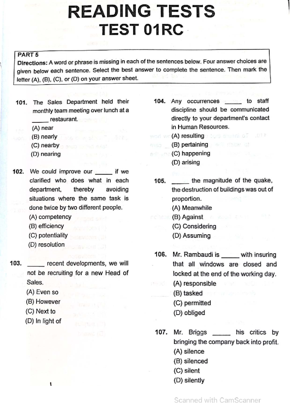 Reading Test 01RC: Part 5 Sentence Completion Practice - Studocu