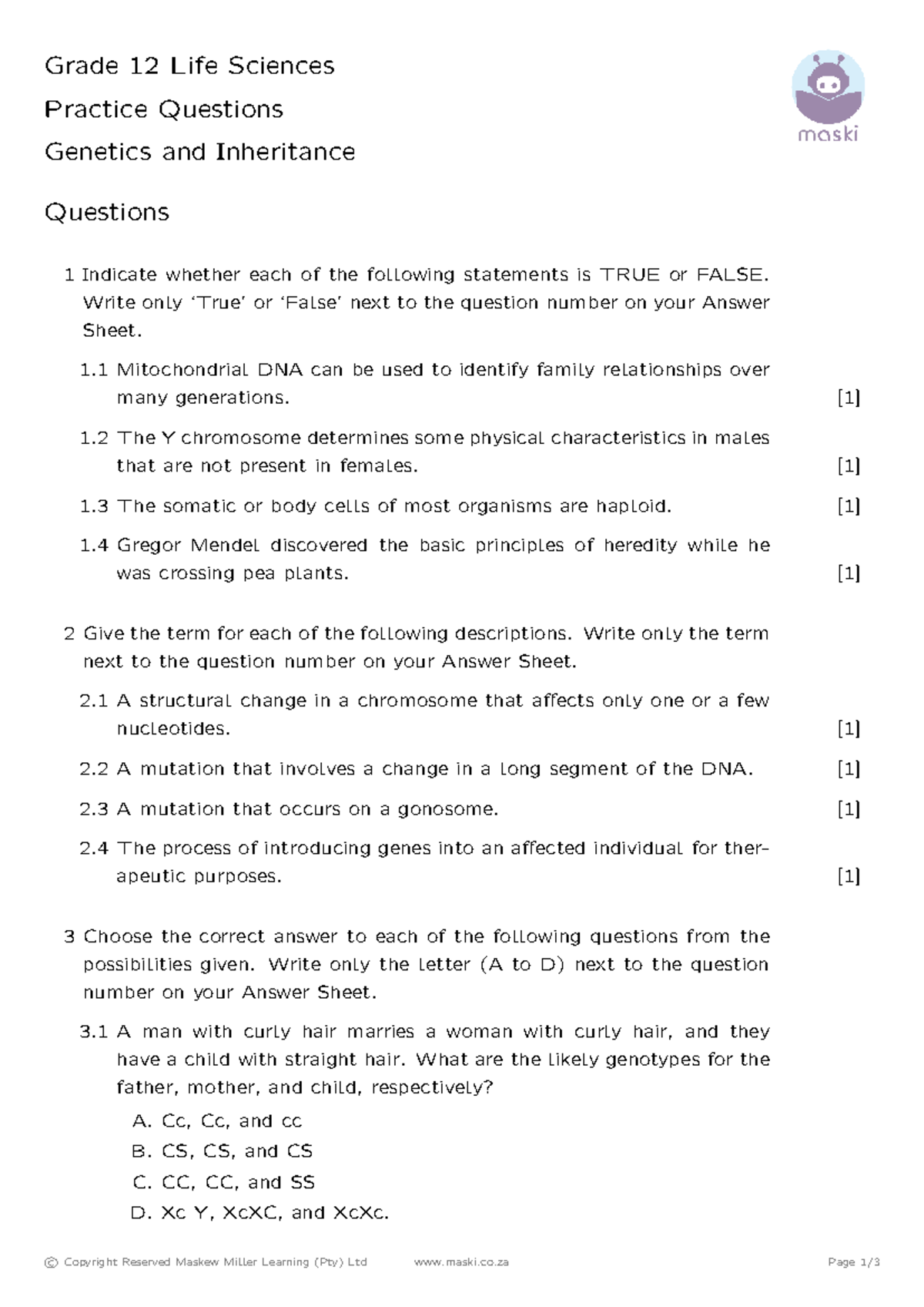 Grade 12 Life Sciences Practice Questions: Genetics & Inheritance - Studocu