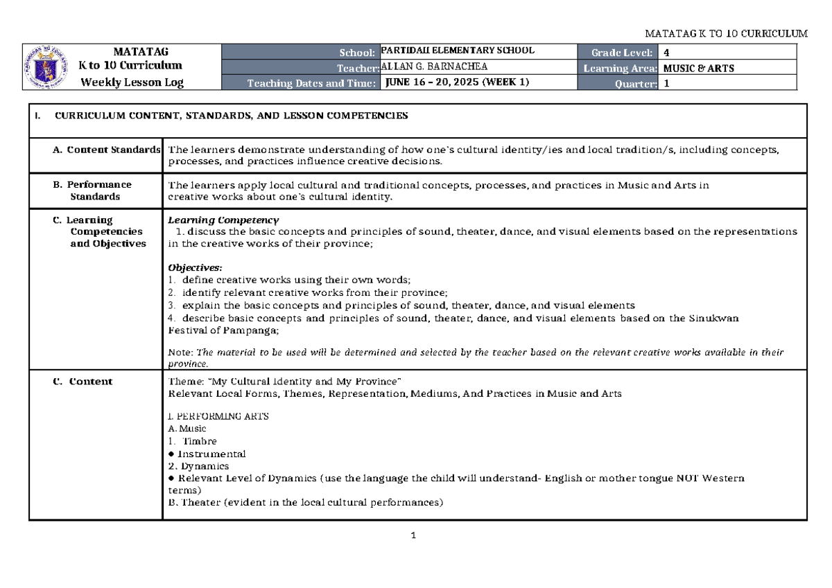 DLL MATATAG K to 10 MUSIC & ARTS GRADE 4 WEEK 1 LESSON LOG - Studocu