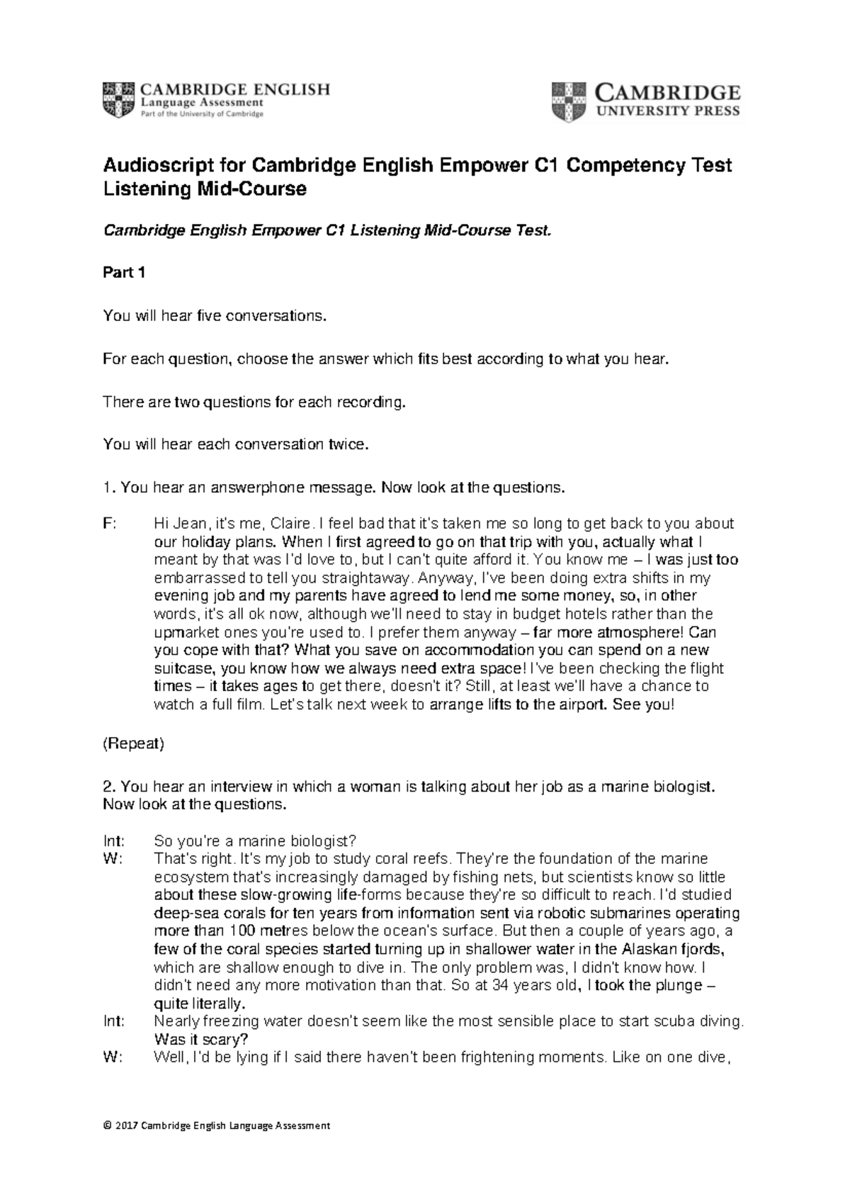 Listening Mid-Course Test Audio - Cambridge English Empower C1 - Studocu
