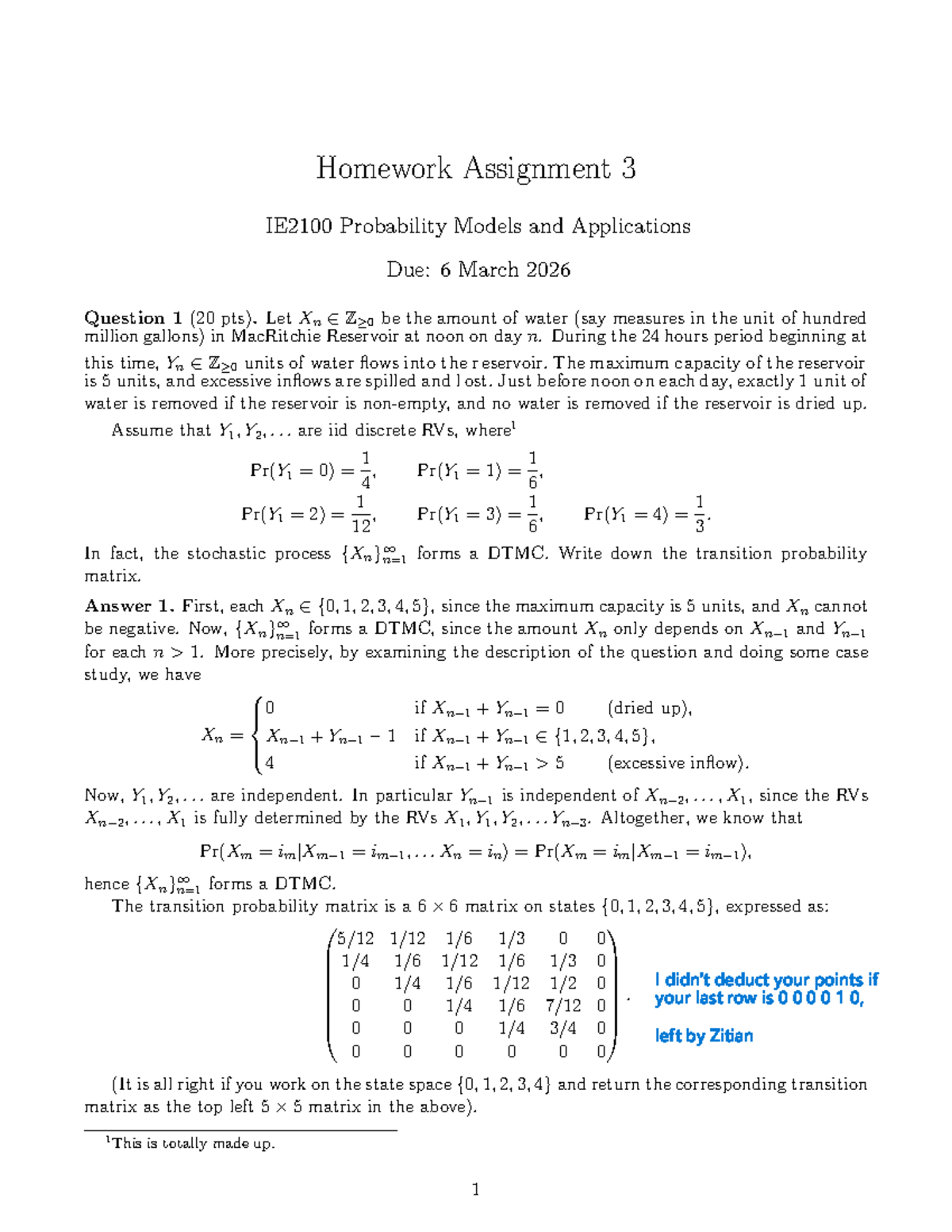 Homework 3 Solutions for IE2100: Probability Models and Applications ...