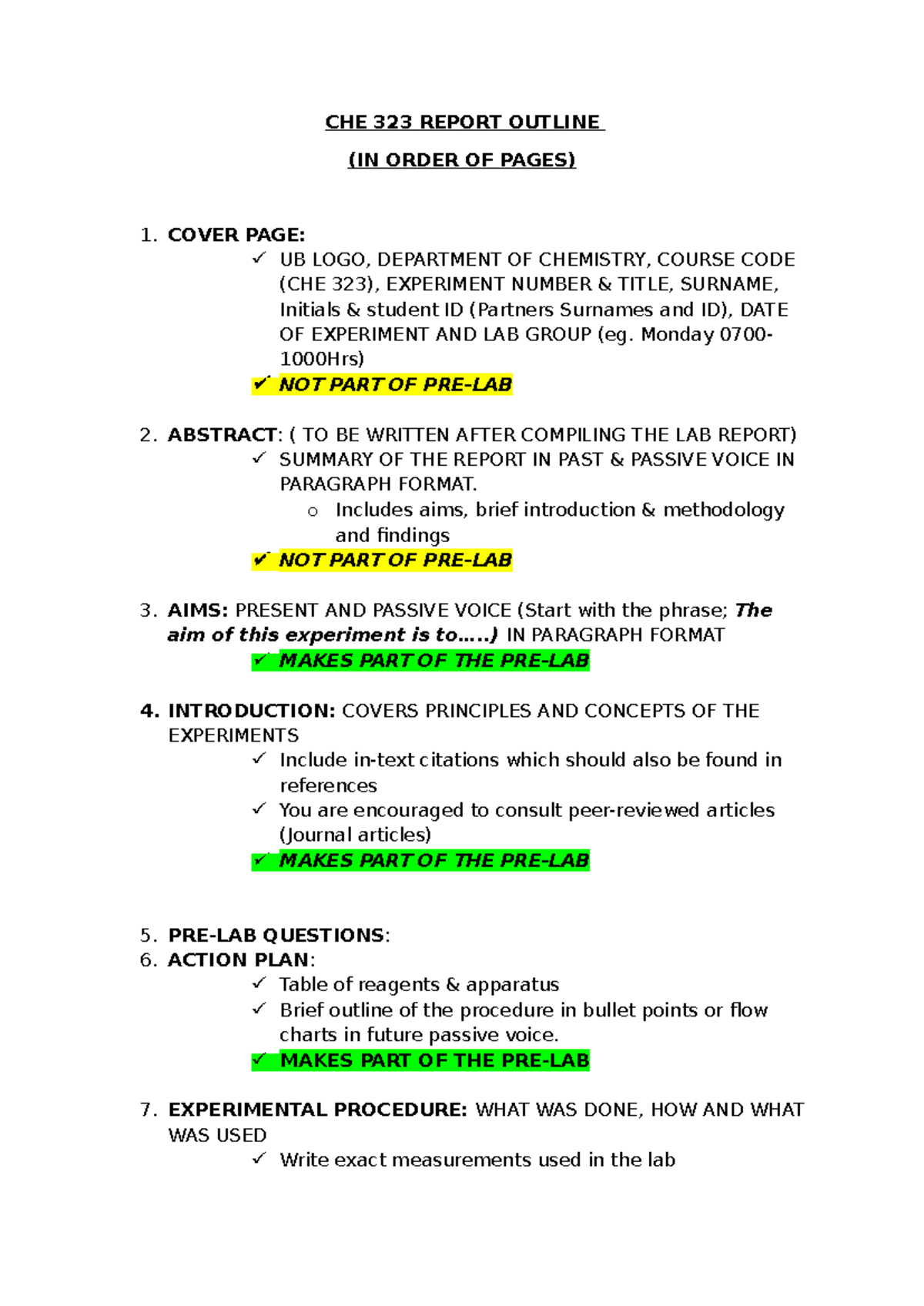 CHE 323 Lab Report Outline: Structure and Guidelines - Studocu