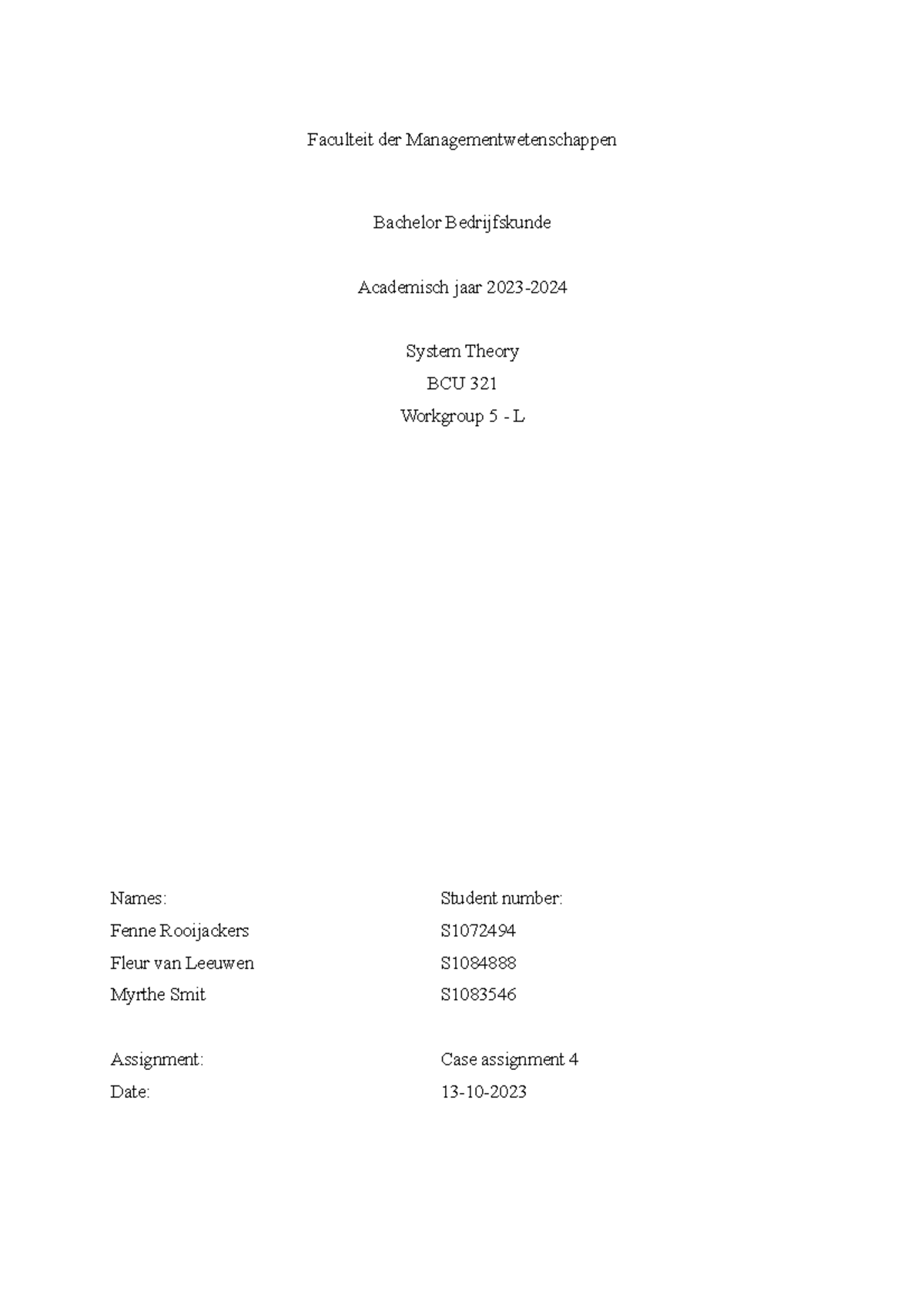 Case Assignment 4 Analysis - System Theory BCU 321 WG5L - Studeersnel