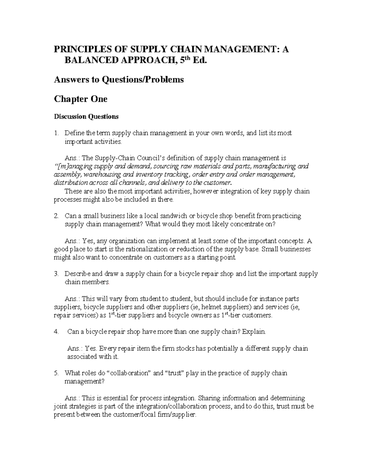 Solution Manual for Principles of Supply Chain Management 5th Ed. - Studocu