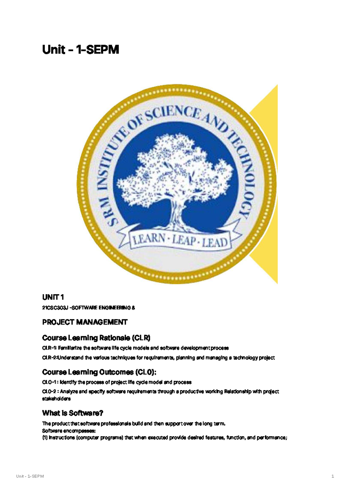 Unit 1: Introduction to Software Engineering Project Management ...