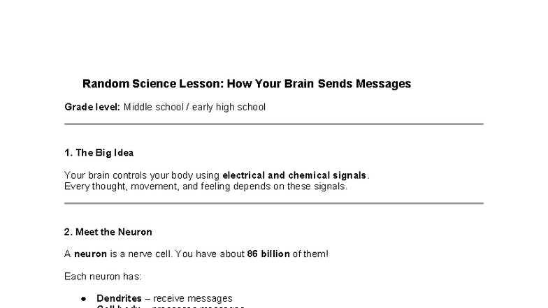 Science Lesson: How Your Brain Sends Messages (Grade 7-9) - Studocu