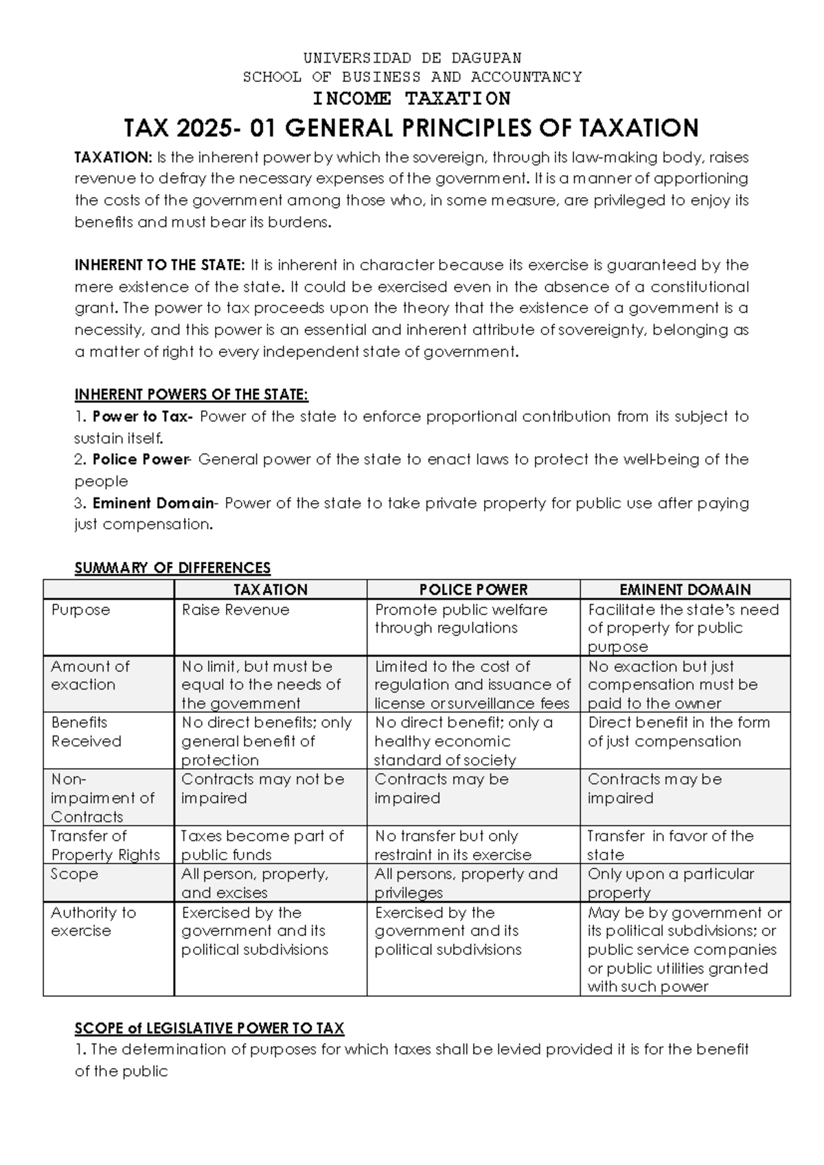 TAX 2025: General Principles of Taxation Notes - Studocu