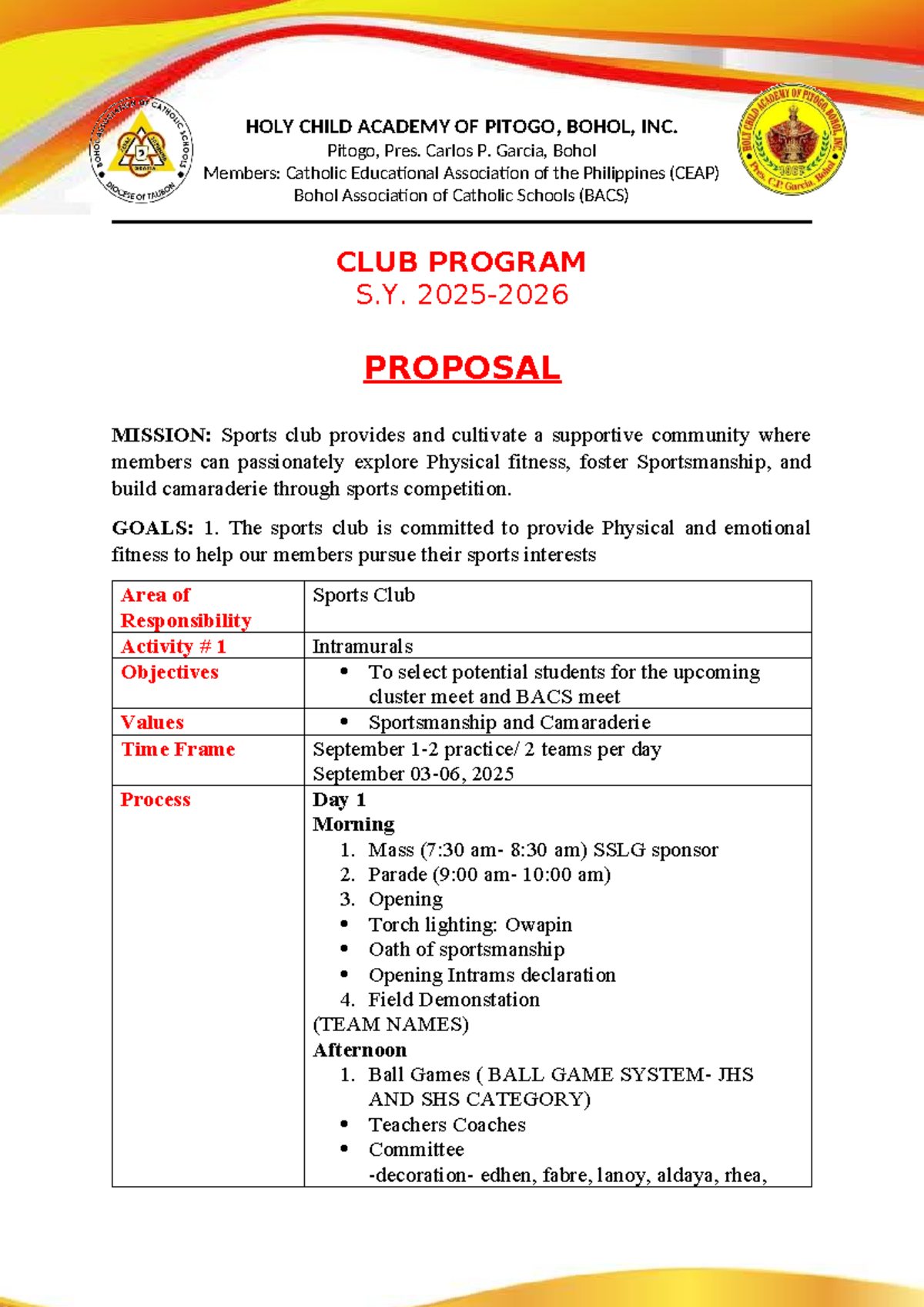 Intramurals 2025 Program Proposal - Holy Child Academy - Studocu