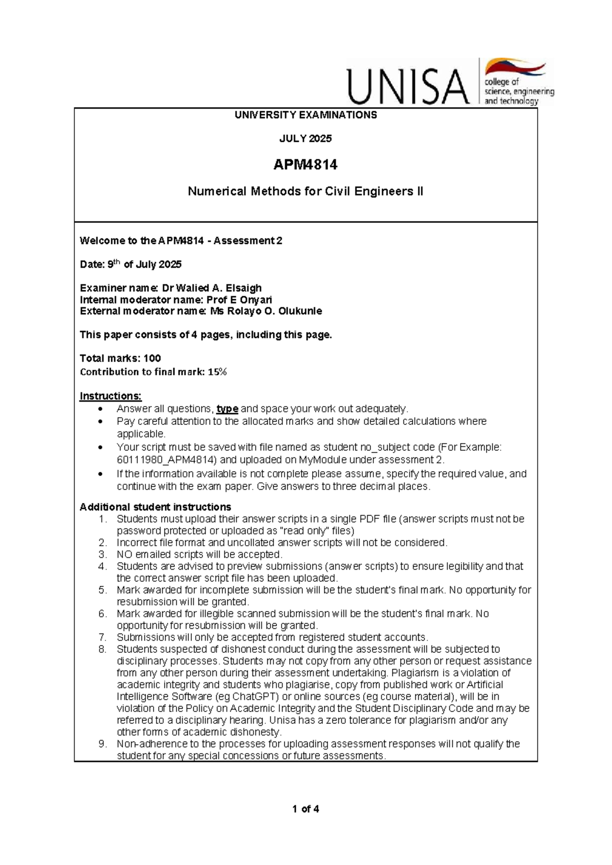 APM4814 Numerical Methods for Civil Engineers II - Assessment 2 ...