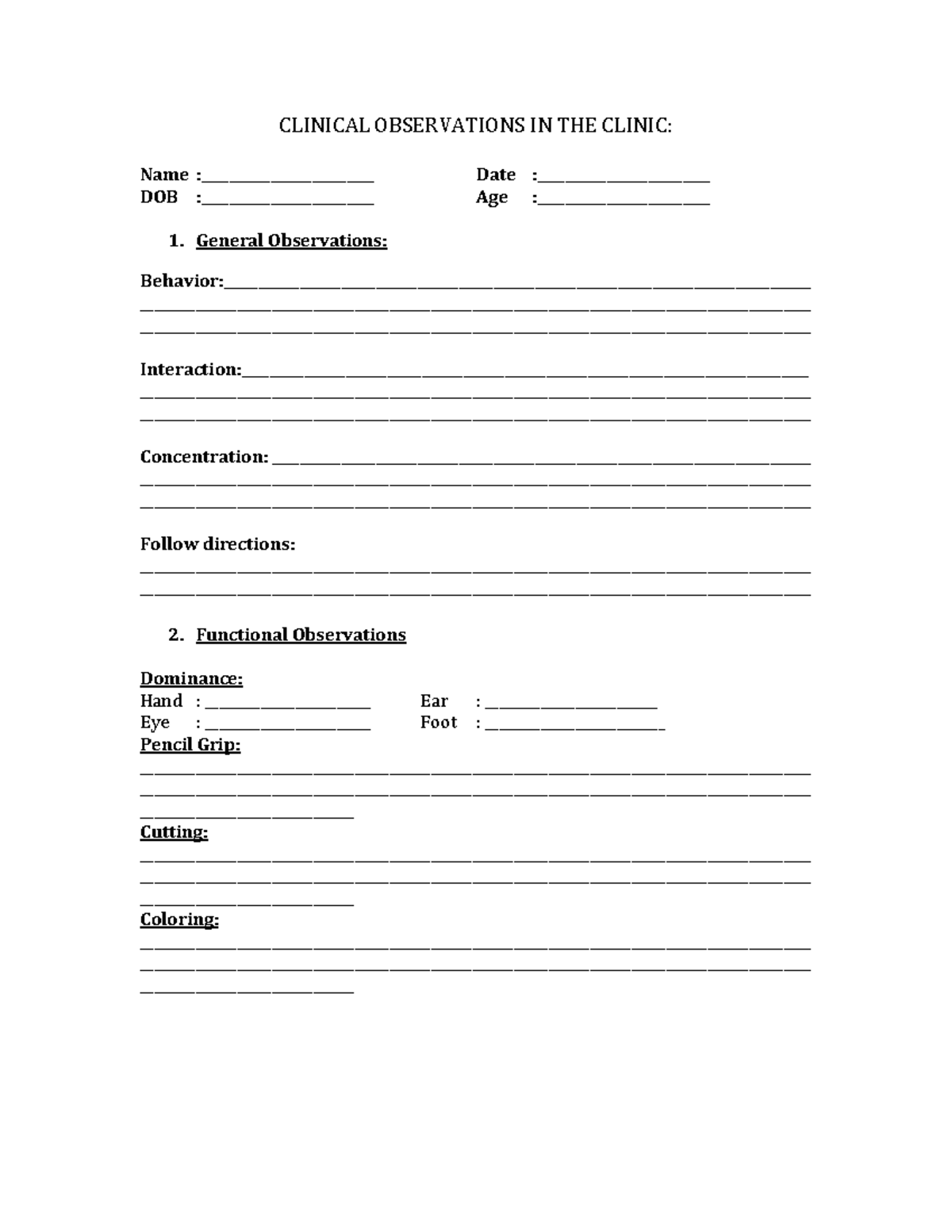 Clinical Observations and Assessment Notes - OT - Studocu
