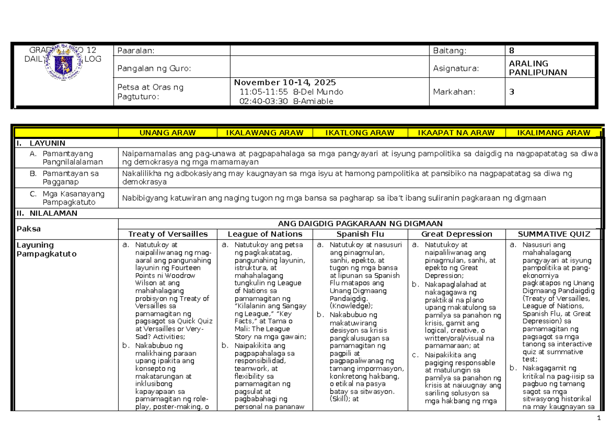 AP8 Q3 Week 2 Daily Lesson Log: Araling Panlipunan - Studocu