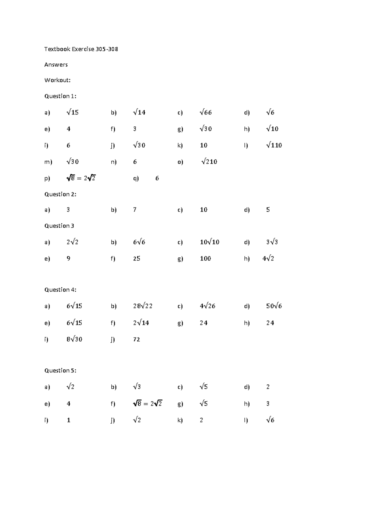 Math Exercises Solutions for Course XYZ 305-308: Answers Included ...
