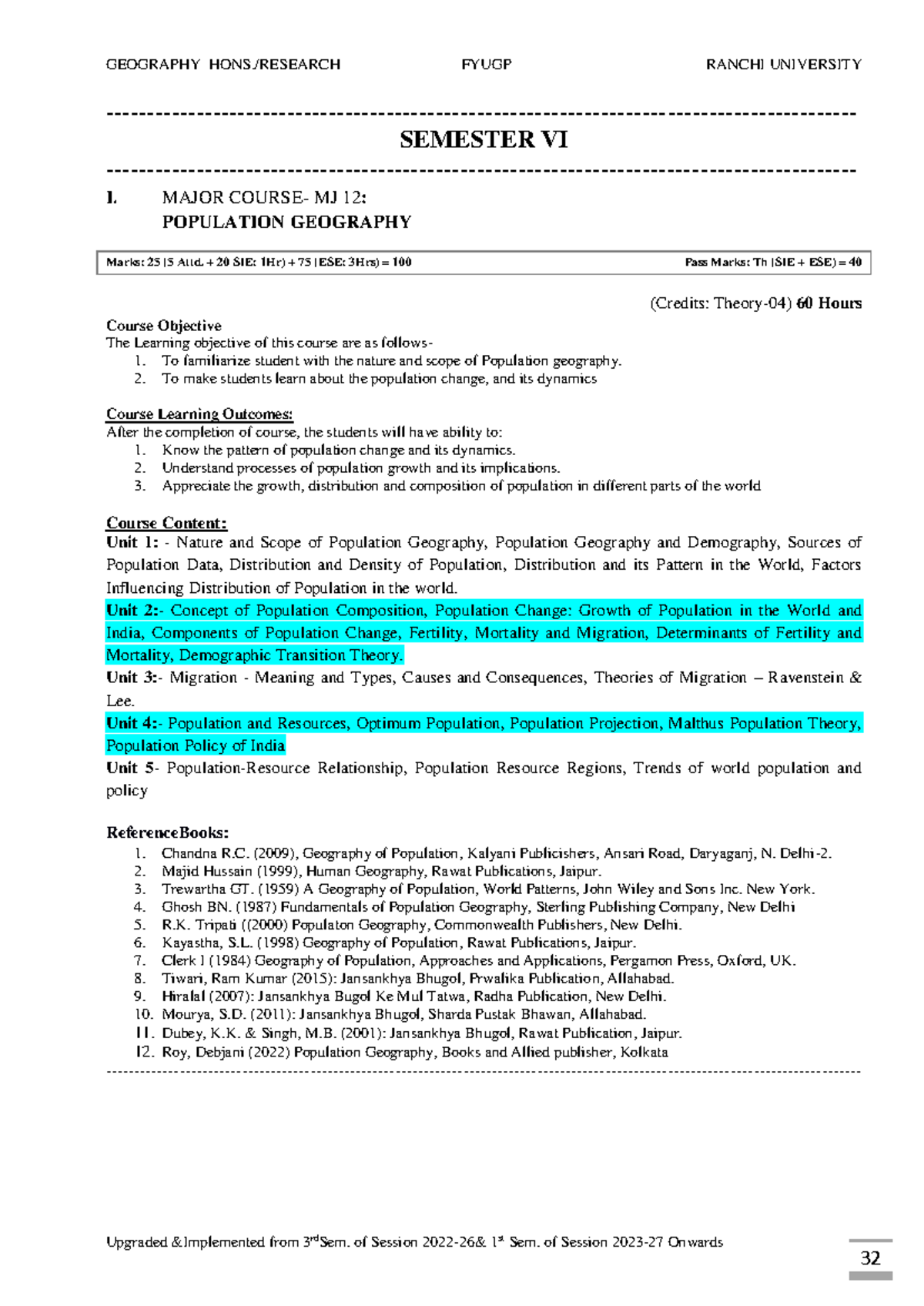 Population Geography FYUGP Ranchi University VI Major MJ 12 Notes - Studocu