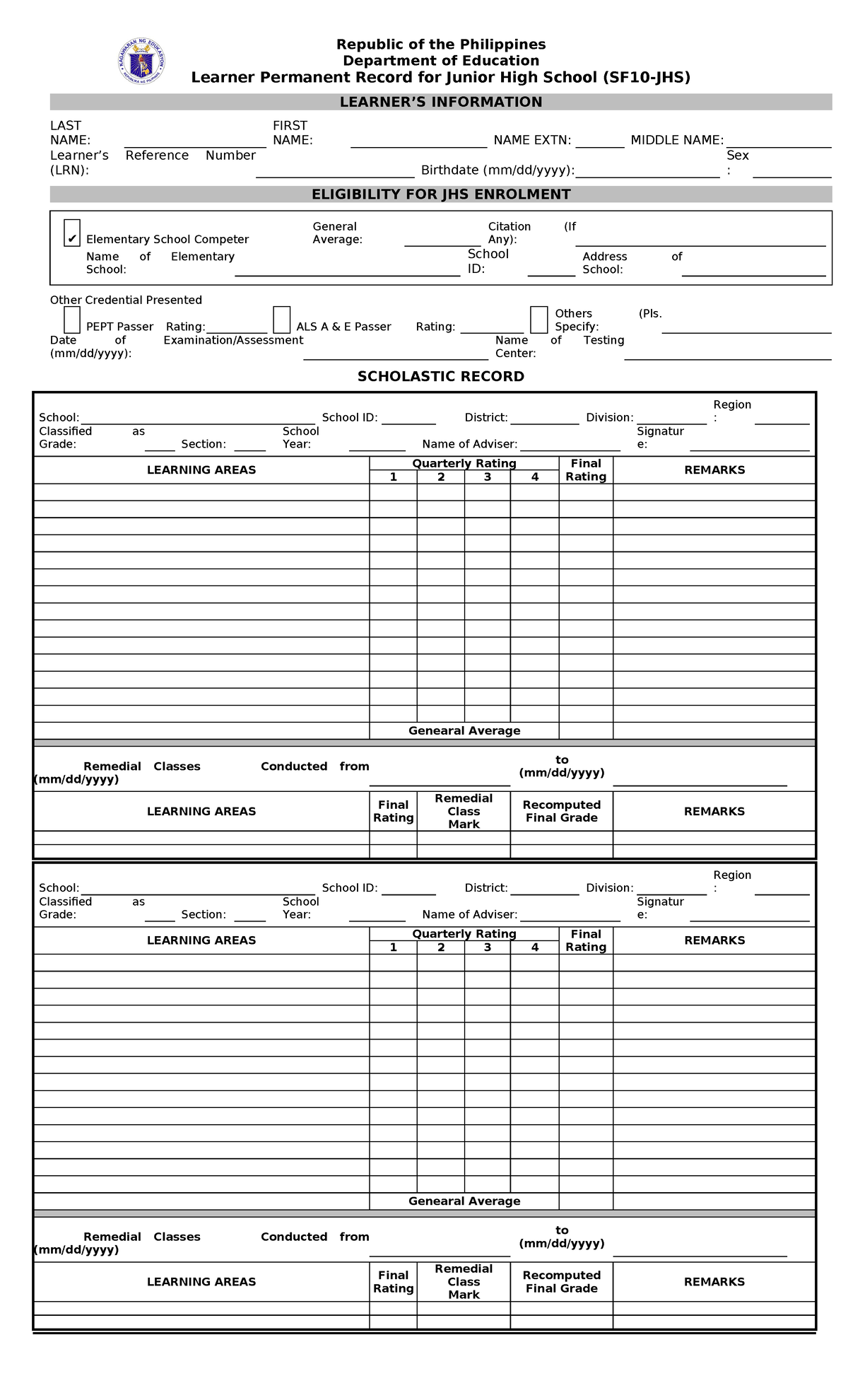 SF10-JHS - NONE - Republic of the Philippines Department of Education ...