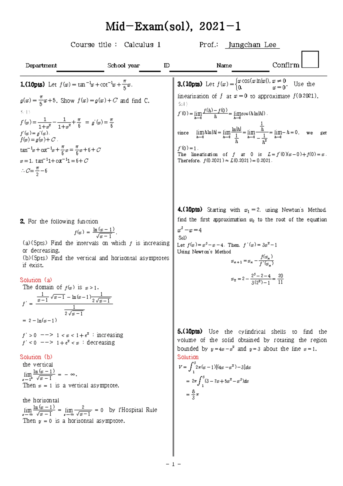 Midterm exam notes for calculus 1 (과목명: 미적분학1) 2009 - Studocu