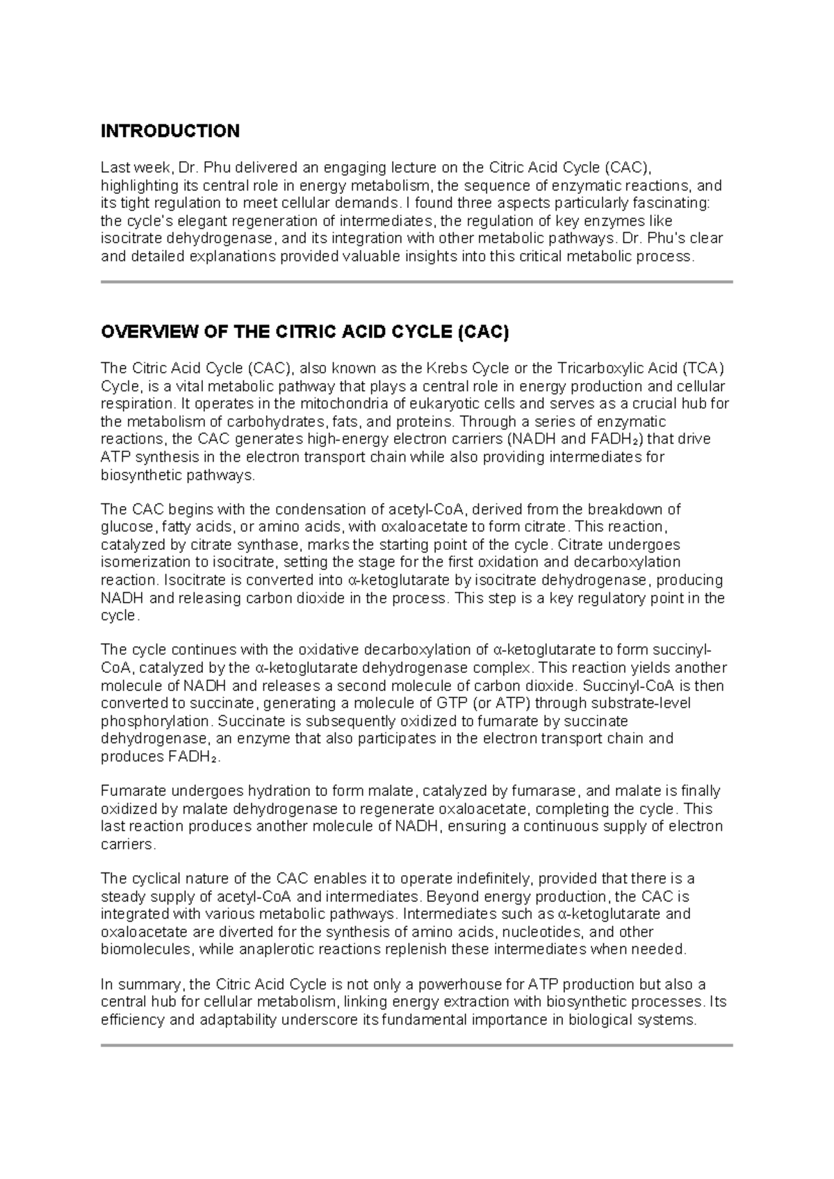 Biochemistry Lecture Notes: Citric Acid Cycle (CAC) Overview - Btbtwe ...