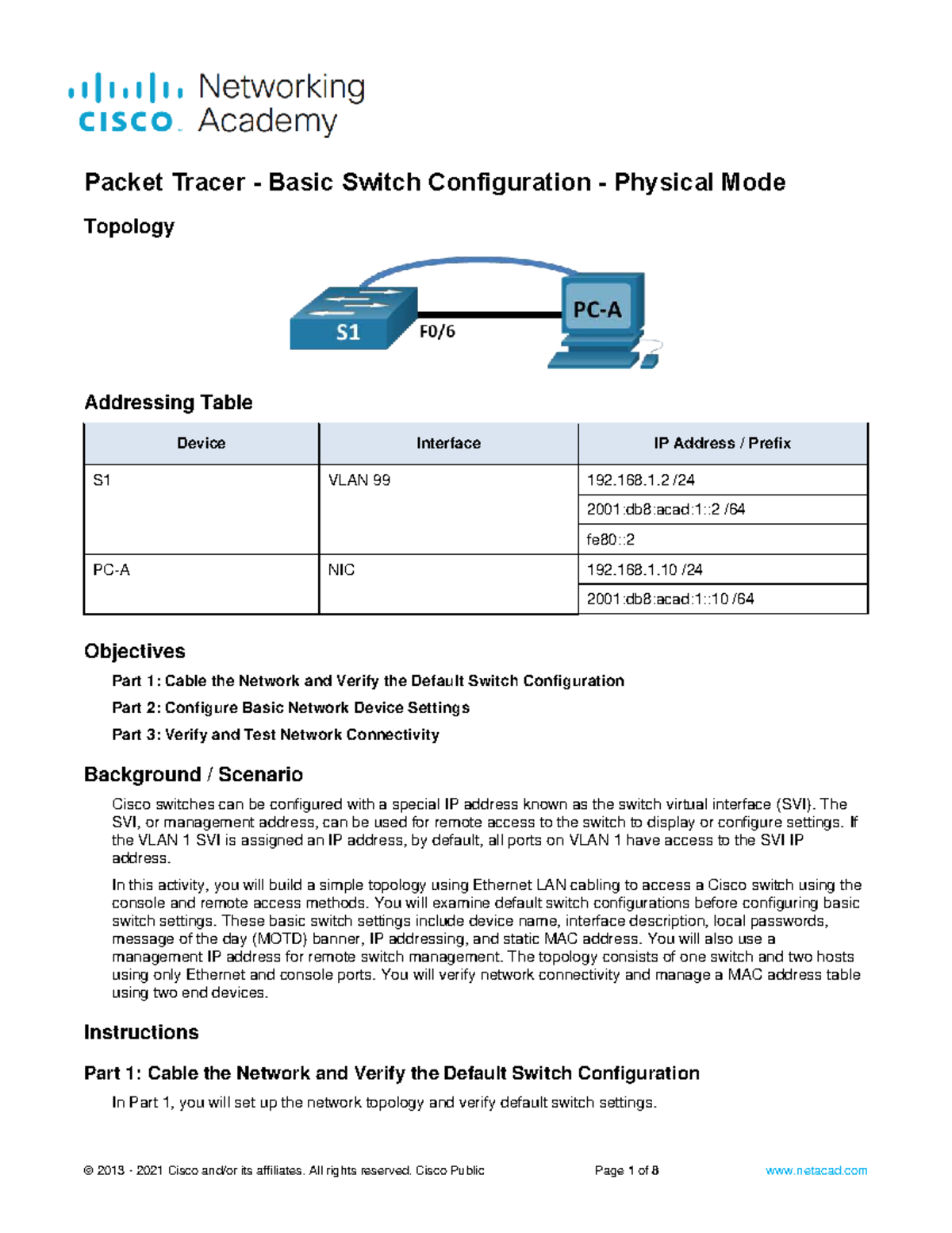Switch Configuration Lab: Packet Tracer Basic Setup (Course Code) - Studocu