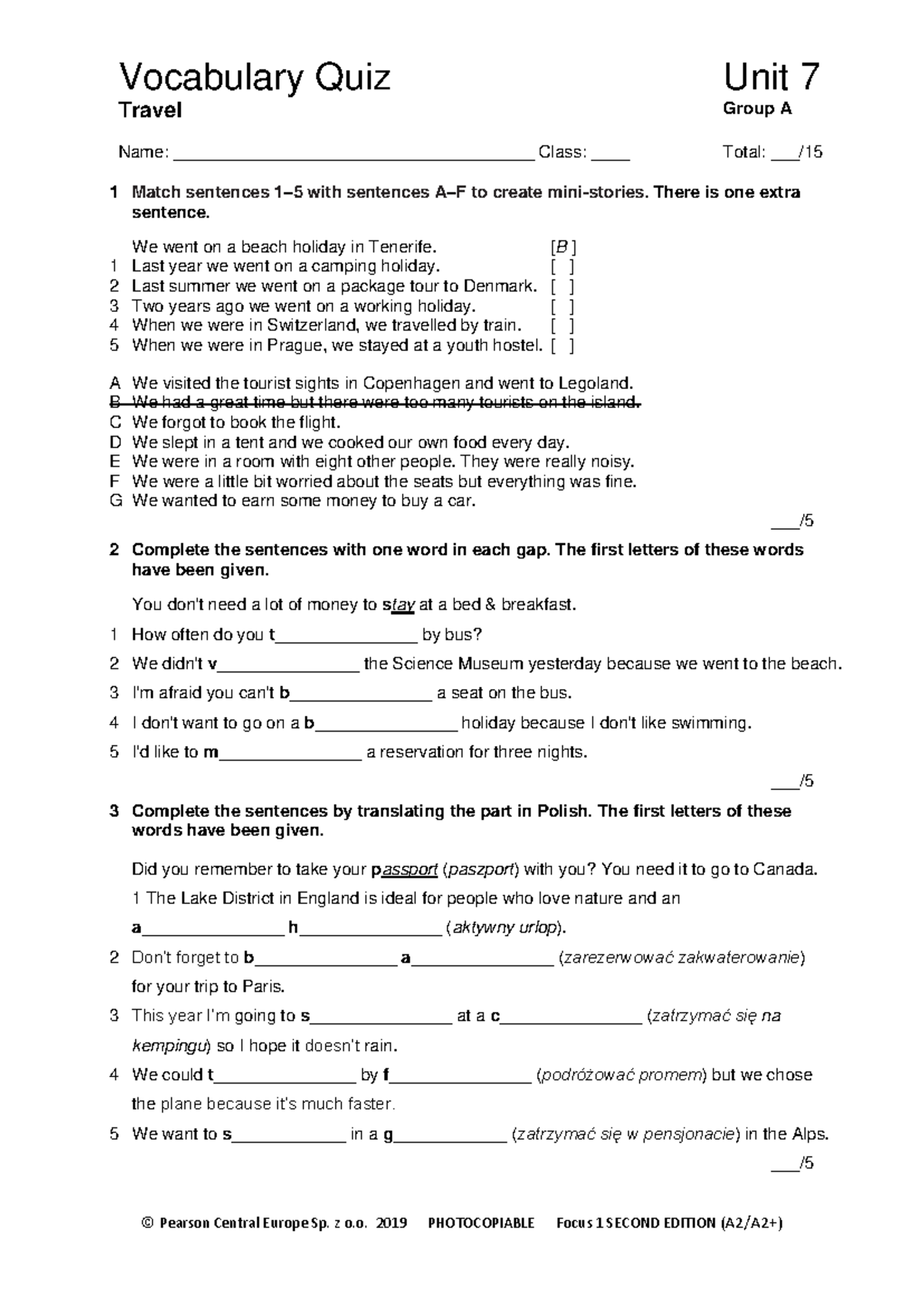 Focus 1 2E Vocabulary Quiz: Unit 7 Travel Group A - Studocu