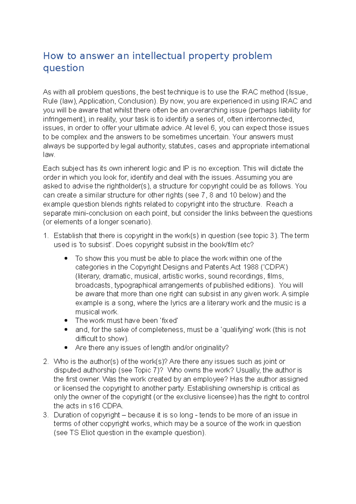 How to Tackle IP Problem Questions: A Guide Using IRAC Method - Studocu