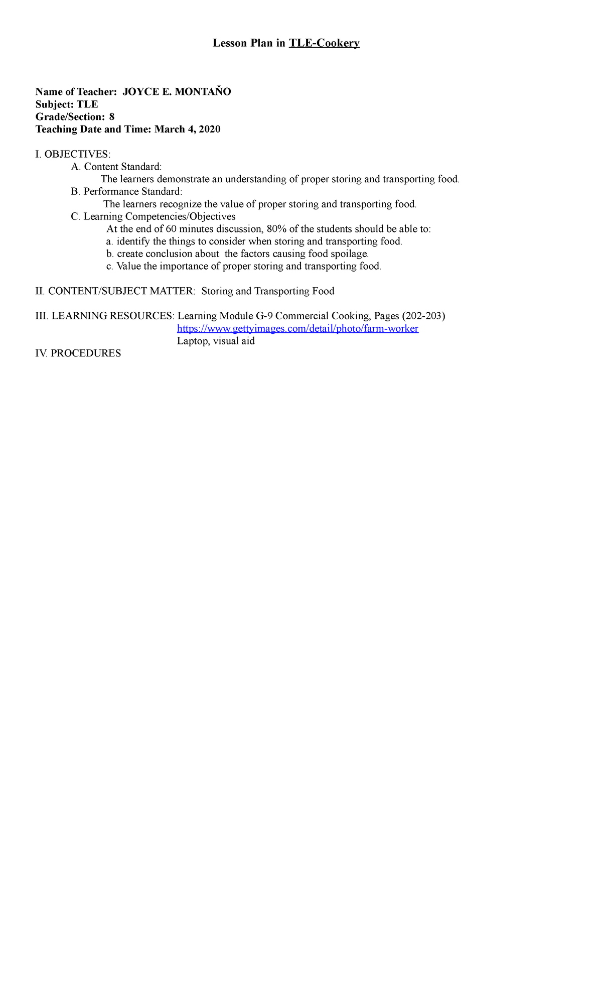 TLE 8: Detailed Lesson Plan on Food Storing & Transporting - Studocu