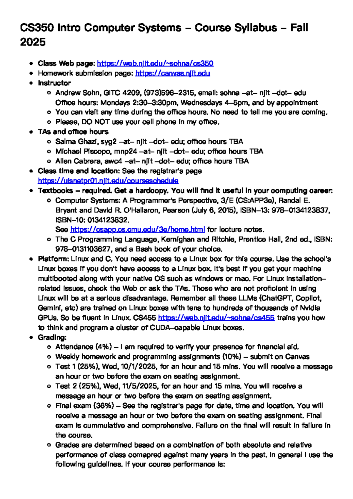 CS350 Intro to Computer Systems - Syllabus for Fall 2025 - Studocu