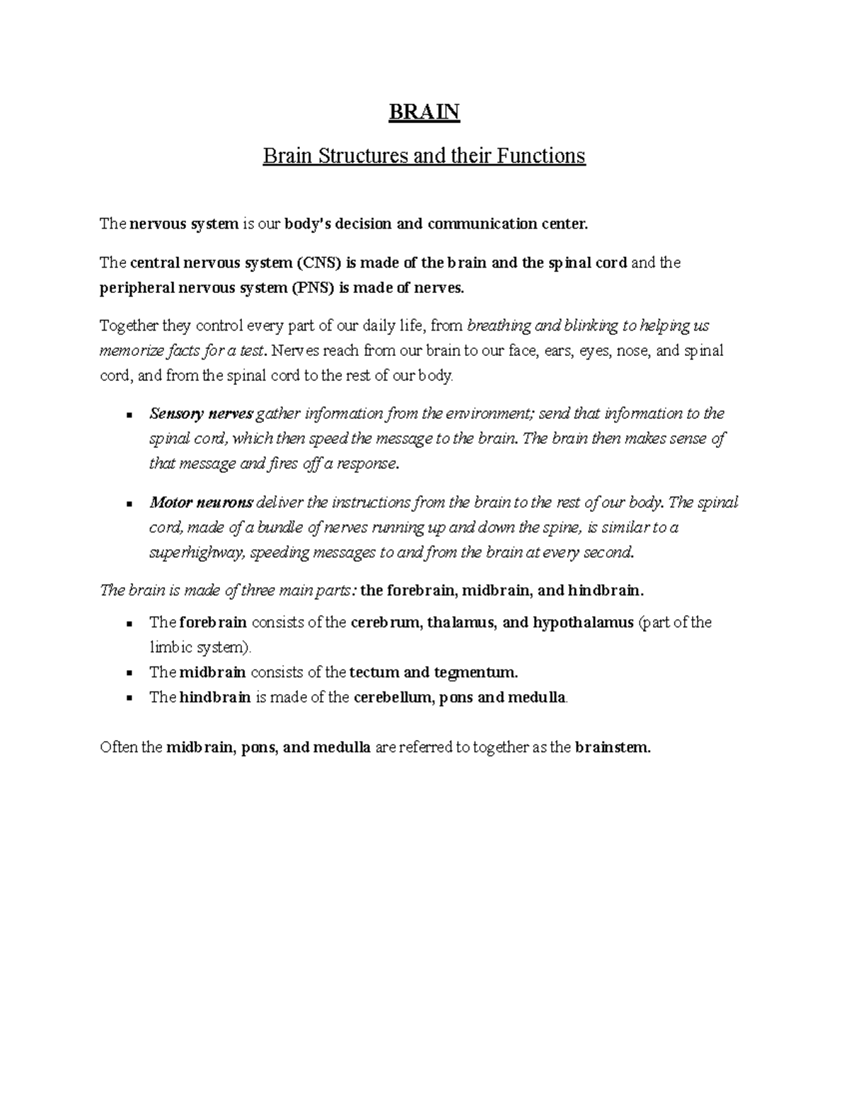 CNS 101: Overview of Brain Structures and Functions for Students - Studocu
