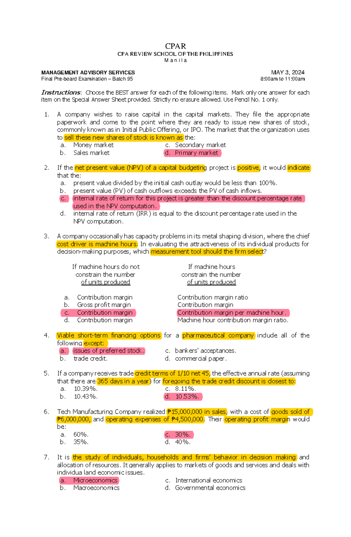 CPAR 95 MANAGEMENT ADVISORY SERVICES FINAL PREBOARD EXAMINATION - Studocu