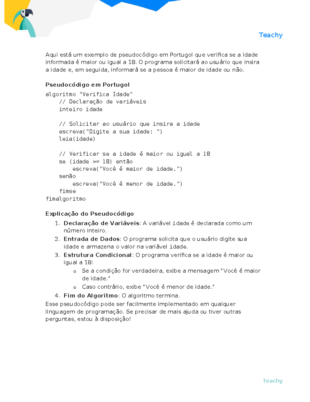 Portugol 1 - Pseudocódigo para Verificação de Idade em Algoritmos - Studocu