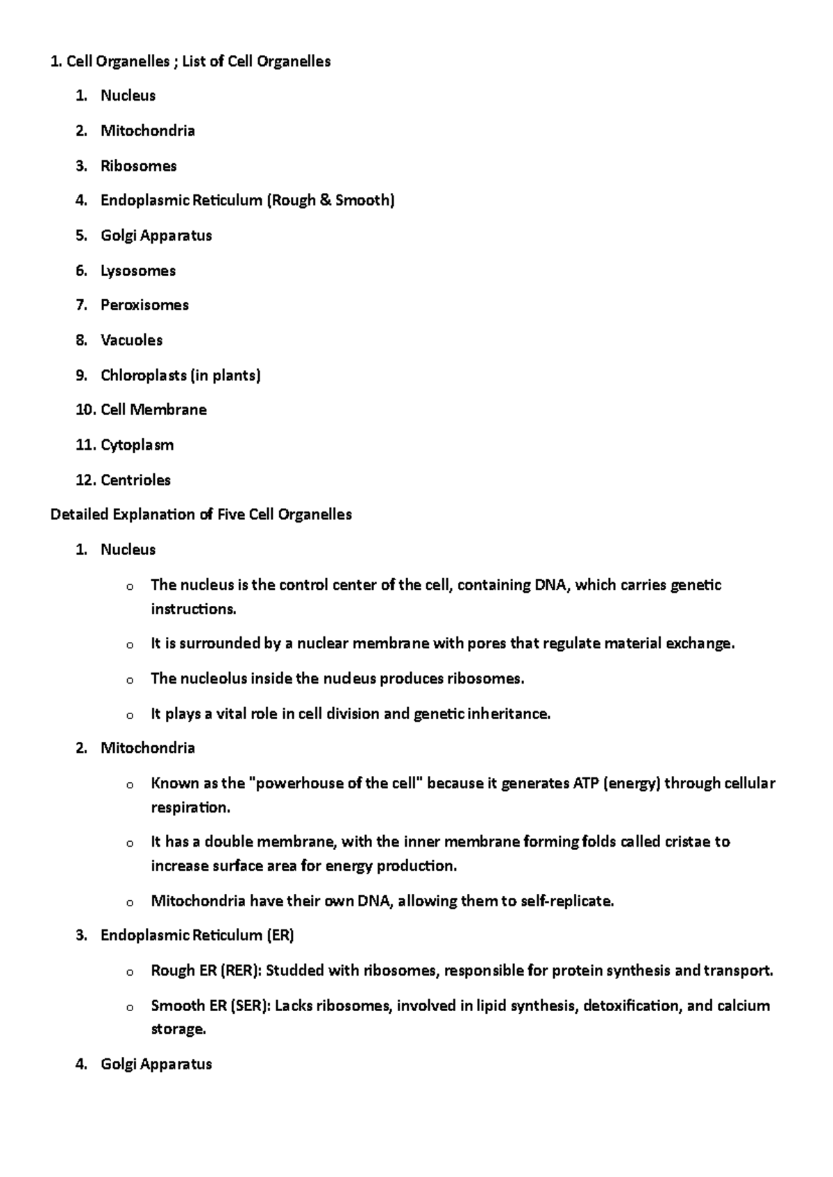 GPB short notes - 1. Cell Organelles ; List of Cell Organelles 1 ...