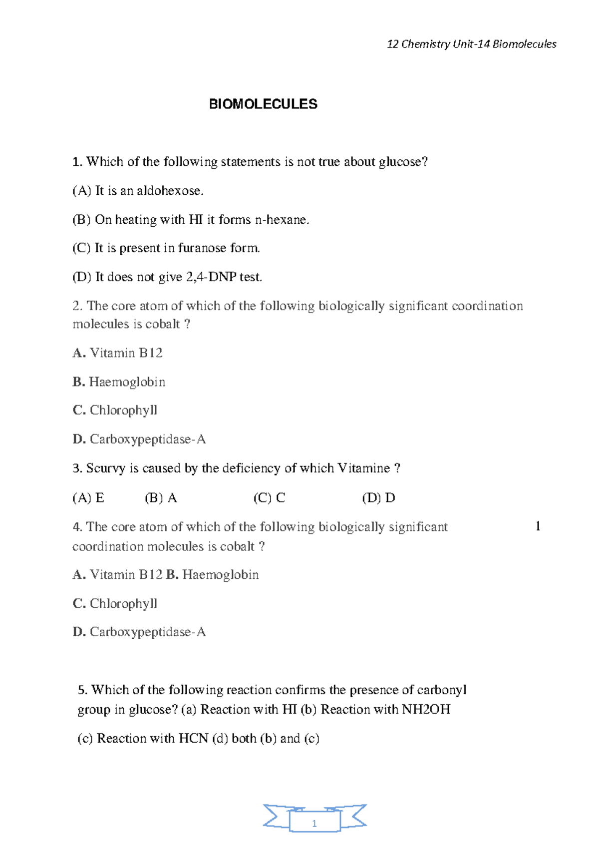 12 Chemistry Biomolecules Assignment: Key Concepts and Reactions - Studocu