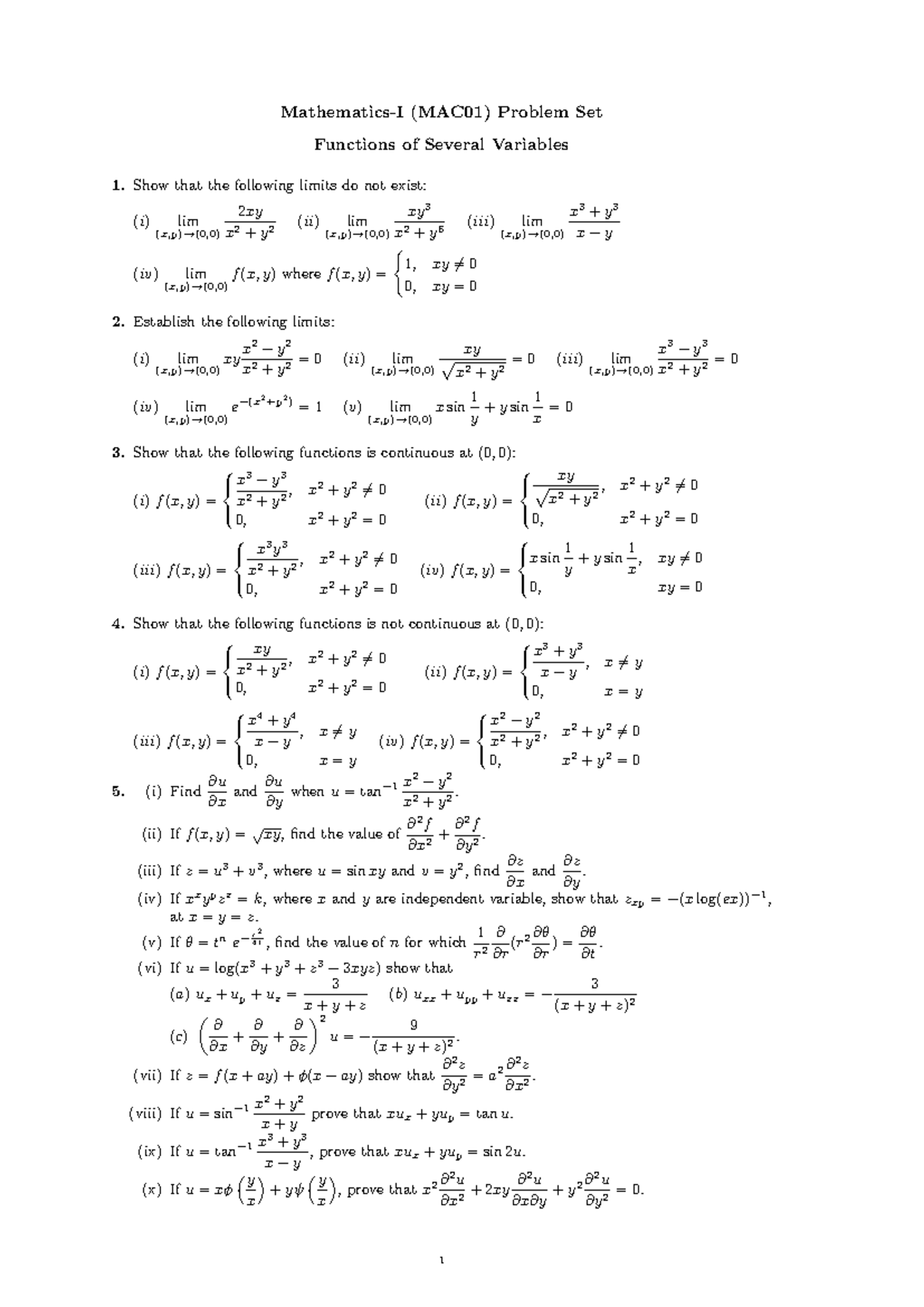 MAC01 problem set several variables - Mathematics-I (MAC01) Problem Set ...