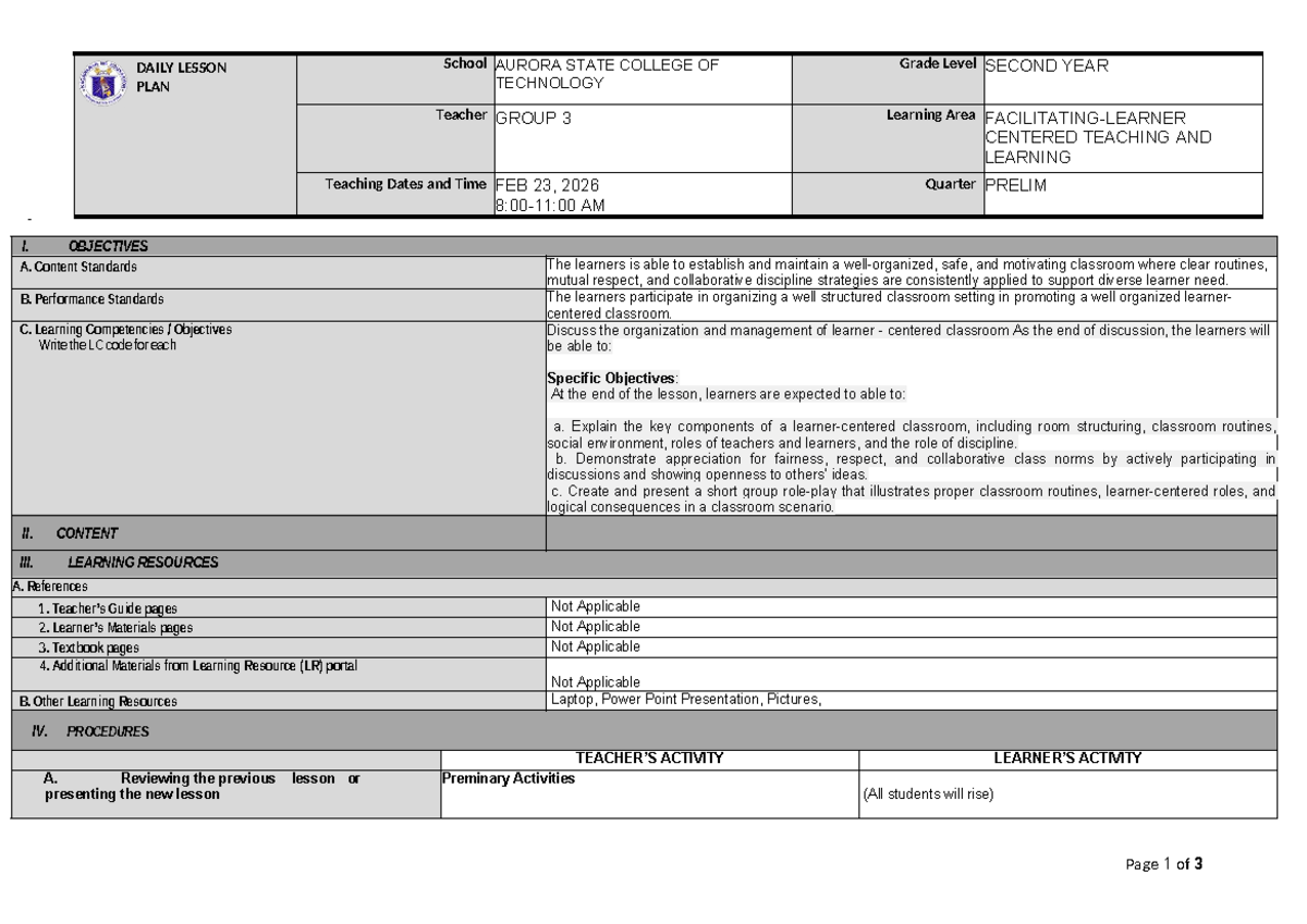 DLP- Newnewnew 4: Daily Lesson Plan for Centered Teaching & Learning ...
