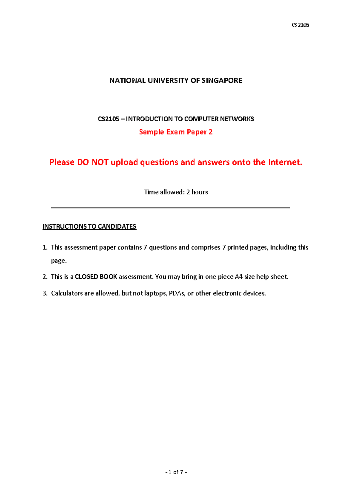 CS2105 NATIONAL UNIVERSITY OF SINGAPORE Finals Mock Exam Paper 2 - Studocu