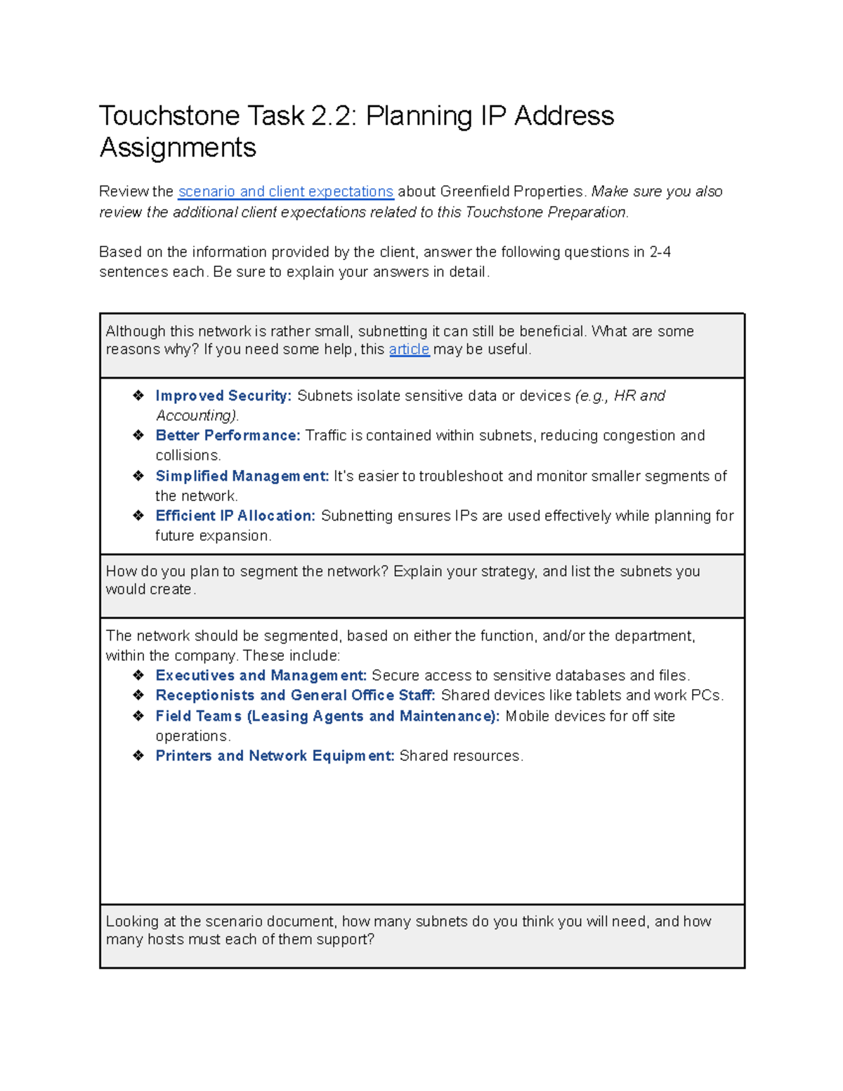 Touchstone Task 2.2: IP Address Assignment Planning for Greenfield ...