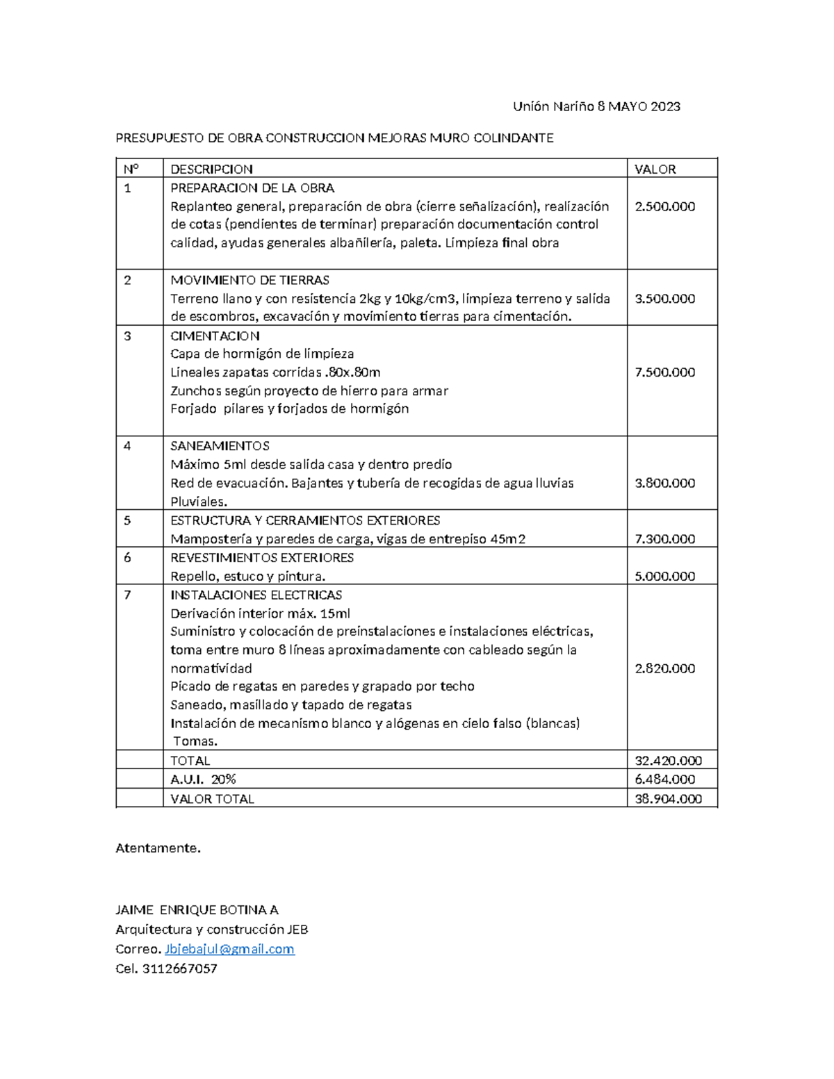 Presupuesto de Obra: Mejora Muro Colindante - Unión Nariño 2023 - Studocu