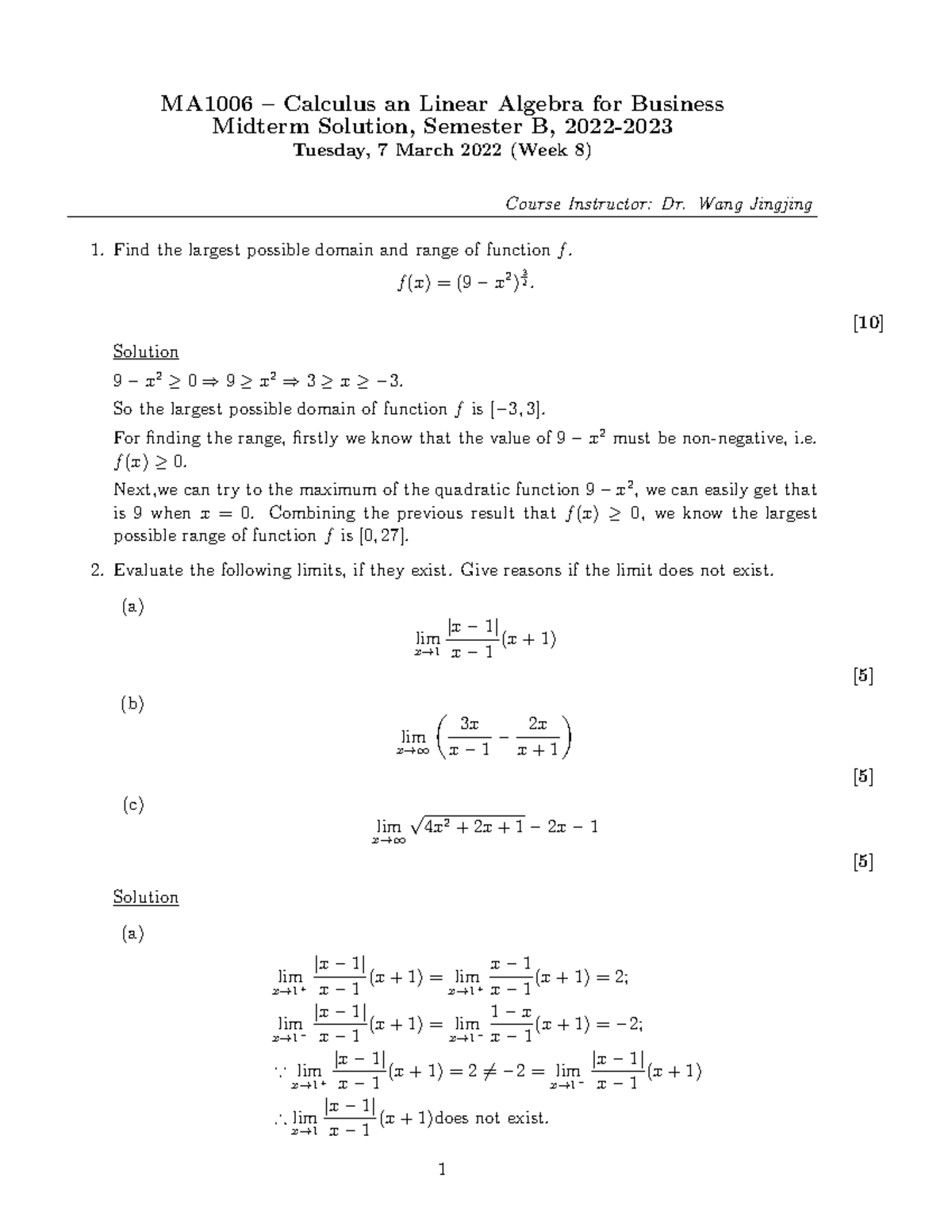 Midterm Exam Solution 2023 Sem B - MA1006 – Calculus an Linear Algebra ...