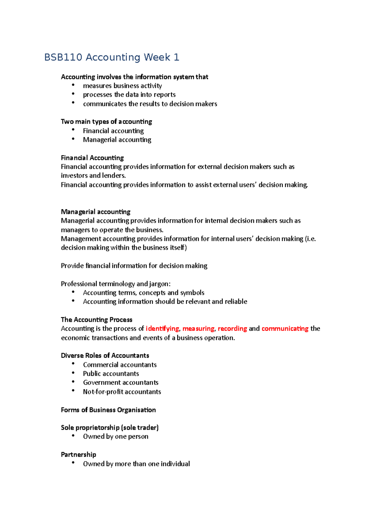 BSB110 - Exam notes - BSB110 Accounting Week 1 Accounting involves the ...